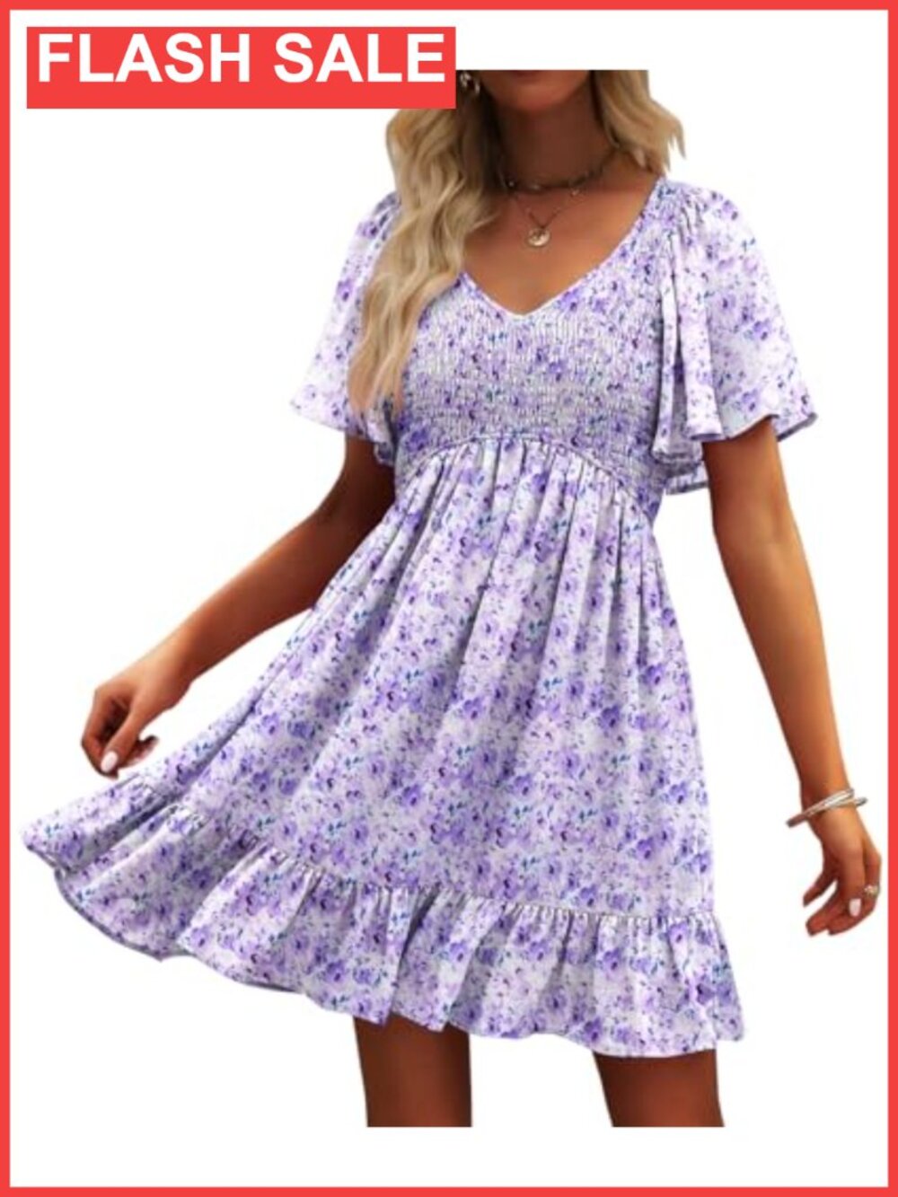 Floral Smocked V Neck Casual Summer Sun Dress